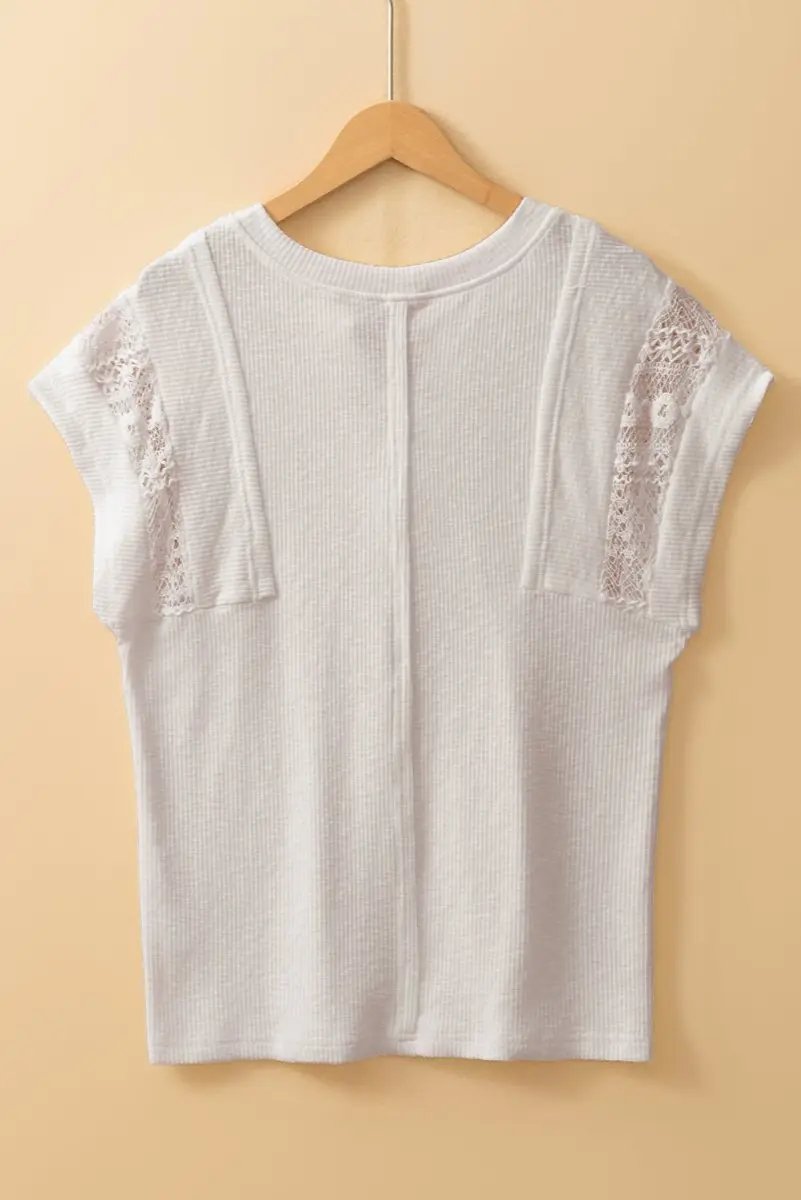 White Ribbed Texture Lace Patchwork Short Sleeve Top for Women - Love Salve